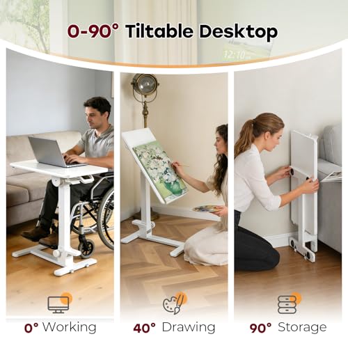 Foldable Mobile Standing Desk, 27 Inch Small Rolling Laptop Cart Height Adjustment, 90° Tiltable Bedside Table, No Assembly Needed Portable Computer Workstation, White - color: White