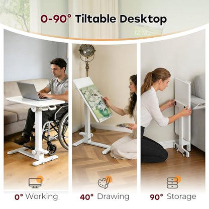 Foldable Mobile Standing Desk, 27 Inch Small Rolling Laptop Cart Height Adjustment, 90° Tiltable Bedside Table, No Assembly Needed Portable Computer Workstation, White - color: White