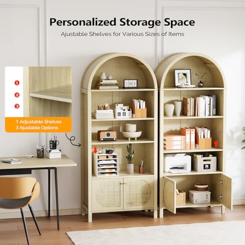 VINGLI 70" Arched Display Cabinet with 5 Shelves, Rattan Storage Cabinet 5 Tier Arched Bookshelf, Wood Tall Bookcases, Sturdy, Stylish for Living Room Bedroom Dining Room Office Study Room, Oak - color: White Oak