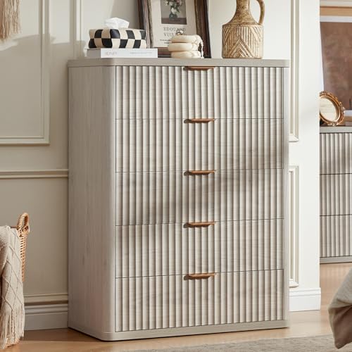 LEYAOYAO Fluted 5 Drawers Dresser for Bedroom, 41" Tall Modern Chest of Drawers with Metal Handle, Curved Profile Farmhouse Closet Organizer Wood Dressers TV Stand for Living Room, Hallway, Lightgrey - color: Light Grey, size: 15.4"D x 31.5"W x 41"H (5 Dr