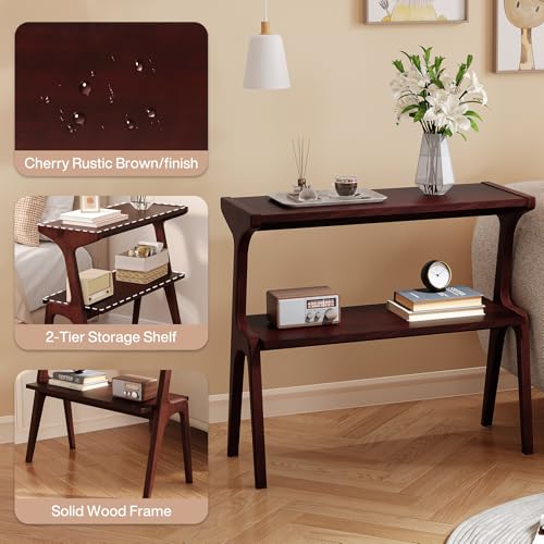 Solid Wood End Table, 2-Tier Side Table with Storage Shelf, Wooden Modern Accent Slim Bedside Table for Sofa, Living Room, Bedroom, Small Space, Easy Assembly, Burgundy - color: Burgundy