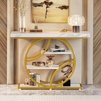 Huuger 41.3 Inch Entryway Table with Marble Top, Modern Console Sofa Table, Accent Table with Shelves, for Entry, Hallway, Entrance, Foyer, O-Shaped Metal Frame, White Marble & Gold - color: Marble Gold, size: 11.8"D x 41.3"W x 31.5"H