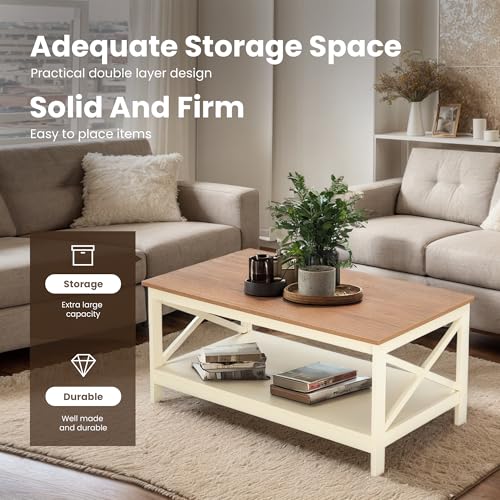 PHI VILLA Farmhouse Coffee Table for Living Room, White Coffee Tables with Storage Rustic Style Modern - color: Ivory 1