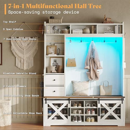 AMERLIFE 75" 7-in-1 Farmhouse Hall Tree with Bench and shoe storage, LED Entryway Bench with Coat Rack, 12 Shoe Cubbies, 2 Drawers, Barn Doors & Adjustable Shelf, Mudroom Hallway Cabinet, Rustic White - color: Rustic White
