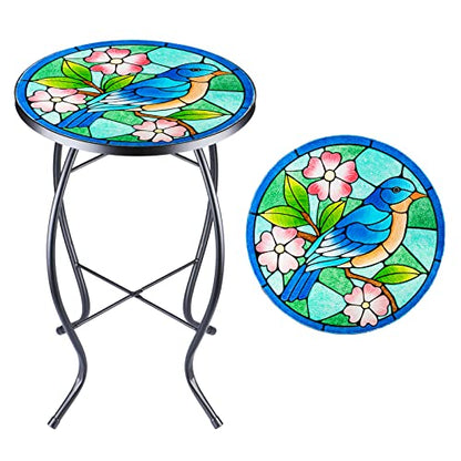 VCUTEKA Patio Side Table Outdoor Accent Table Bistro Coffee Table Plant End Table Small Porch Table Indoor Round Glass Balcony Bluebird Plant Table Stands - color: Blue Bird