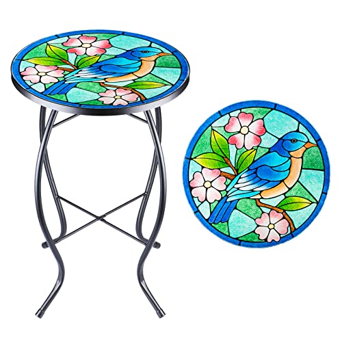 VCUTEKA Patio Side Table Outdoor Accent Table Bistro Coffee Table Plant End Table Small Porch Table Indoor Round Glass Balcony Bluebird Plant Table Stands - color: Blue Bird