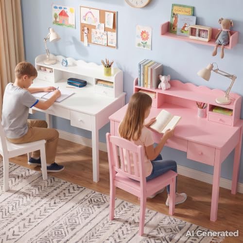 FUNKOCO White Writing Desk with Hutch & 5 Drawers - 40 Inch Modern Computer Workstation for Home Office, Teen Desk, Small Study Desk, Ideal for Gift - color: 3-large White