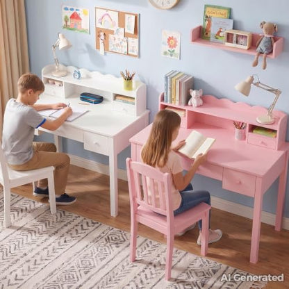 FUNKOCO White Writing Desk with Hutch & 5 Drawers - 40 Inch Modern Computer Workstation for Home Office, Teen Desk, Small Study Desk, Ideal for Gift - color: 3-large White