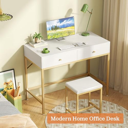 SUPERJARE 31.5" White and Gold Desk with 2 Drawers, Modern Makeup Vanity | Vanity with Padded Stool, Small Computer Desk Home Office Desk for Writing Study Bedroom - color: Gold and White, size: 31.5 inch