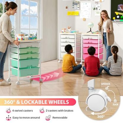 Goovilla Rolling Cart with Drawers, Utility Cart Organizer With 5 Removable Drawers and Wooden Tabletop, Lockable Rolling Storage Organizer for Art, Classroom, Home, Dorm, Office, Craft Storage, White - size: White