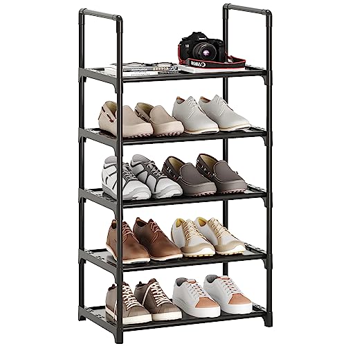 5-Tier Shoe Rack with Handrails, Stackable Narrow Shoe Storage for Entryway, 17.5" W x 11.4" D x 35.4" H, Space Saving Small Shoe Stand for Closet Hallway Dorm, Multi-Functional Shelf(Black) - size: 5-Black(17.5W")