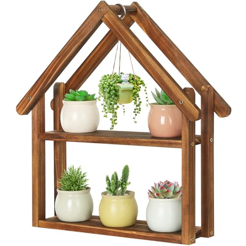 Jotsport Small Windowsill Plant Stand Desktop Succulents Holder | House Shaped Display Stand 2 Tier Wooden Plant Shelf for Kitchen Living Room Office