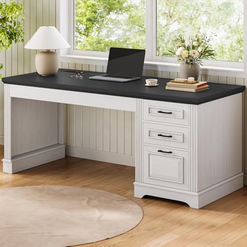 Itaar Farmhouse 55" Executive Desk, Computer Desk with Storage Drawers and Power Outlet, Home Office Desk, Workstation for Office Home, White - color: White, size: Executive Desk