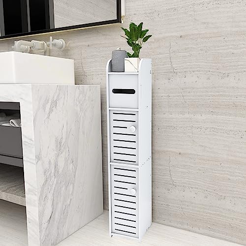 Small Bathroom Storage Cabinet, Over The Toilet Storage Cabinet for Skinny Bathroom Floor, Slim Toilet Paper Storage with Double Doors & Shelves - White
