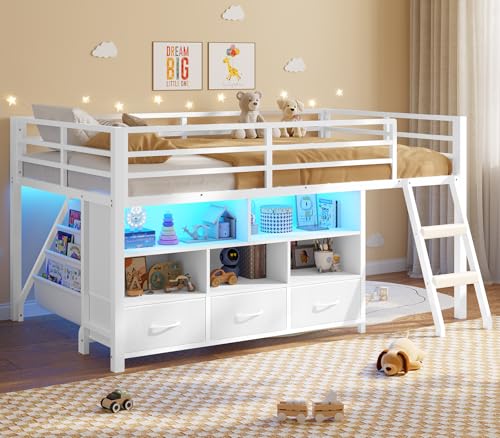 BTHFST Low Loft Bed Twin Size with 3 Storage Drawers, 3-Tier Kids Bookshelf, 5 Open Cubbies and 2 LED Lights Strips, Metal Kids Loft Bed with High Safety Guardrail, Inclined Ladder and Play Area - color: White
