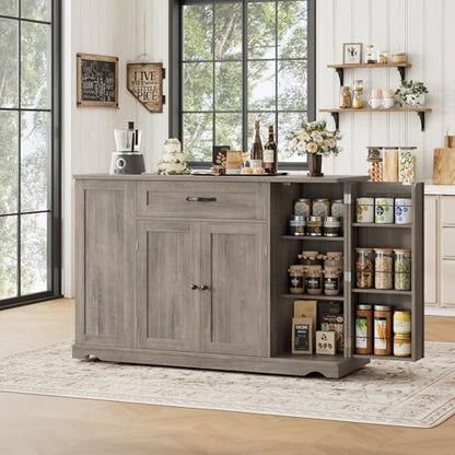 HOSTACK Kitchen Island Cart with Storage, 47'' Kitchen Storage Island on Wheels with 2 Drawers, Rolling Island Table with Adjustable Shelves, Mobile Buffet Sideboard Cabinet for Dining Room, Ash Gray - style: Ash Gray