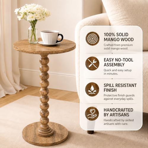 Solid Wood Round Side Table for Living Room, Bedroom and Office — Handcrafted End Table, Bedside Nightstand, Accent Table for Small Spaces with Tool-Free Assembly- Natural - color: Natural