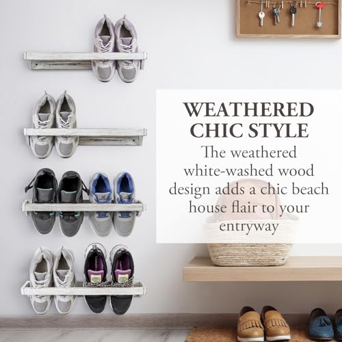 MyGift Set of 4 Shabby White Washed Solid Wood Hanging Shoe Storage Organizer Racks, Wall Mounted Space Saving Footwear Holder for Closet, Mudroom, Entryway, Holds 8 Pairs - color: Whitewashed