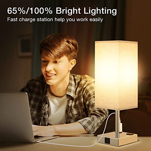 Light Grey Touch Lamps Set for Bedroom - Dimmable, USB C+A, 2 AC Outlets | 3-Way Dimming, 3000K LED Bulbs Included, Light Grey Lampshade Silver Base, Small Bedside Lamp for Nightstand, Desk, Dorm - color: Gray-Silver