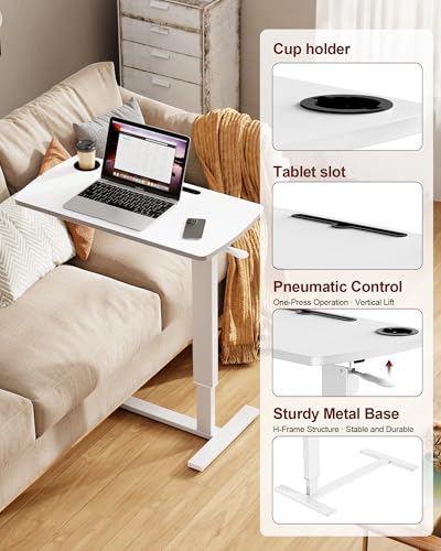 Foldable Overbed Table with Wheels, Pneumatic Adjustable Desk | 31.5 X 17.7 In Desktop with Cup Holders and Tablet Slot, Hidden Casters, 88 Lbs Capacity, Installs on Either Side of Bed - color: White