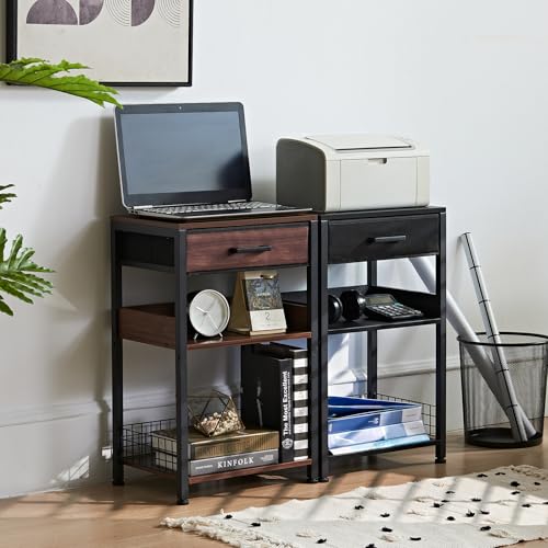Lerliuo Walnut Printer Stand with Fabric Drawer, 3 Tier Industrial Side Table, Modern Small Printer Desk Holder with Storage Shelf,Multi-Functional Bedside Tables for Home Office Fax Machine Scanner - color: Walnut