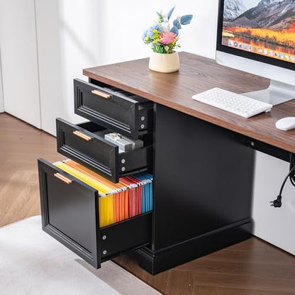 60" Farmhouse Executive Desk with Charging Station,Home Office Desk with 2 Drawers &1 File Cabinet,Wood Work Desk for Office and Home - color: Walnut & Black