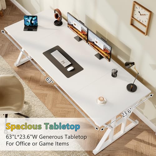 TVU Computer Desk, 63 inch Large Office Desk, Study Writing Table with Thicken Frame, Gaming Desk, Modern Simple Desk for Home Office, White - color: White, size: 63inch