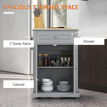 HOMCOM Rolling Kitchen Island Cart, Portable Serving Trolley Table with Drawer, Adjustable Shelf and 2 Towel Racks, Grey - color: Grey
