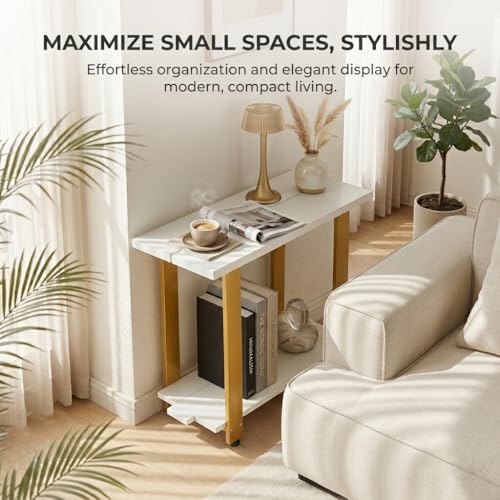 Transitional Narrow End Table, 2-Tier Rustic Side Table with Storage Shelves, Modern Farmhouse Industrial Nightstand for Living Room, Bedroom, Small Spaces, Couch, White/Gold - color: White+gold