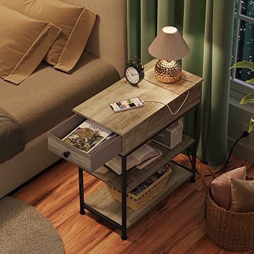 WLIVE Narrow Side Table with 2 USB Ports and 2 Outlets, Flip Top End Table with Drawer and Storage Shelves, Small Nightstand with Charging Station for Living Room/Bedroom, Greige - color: Greige