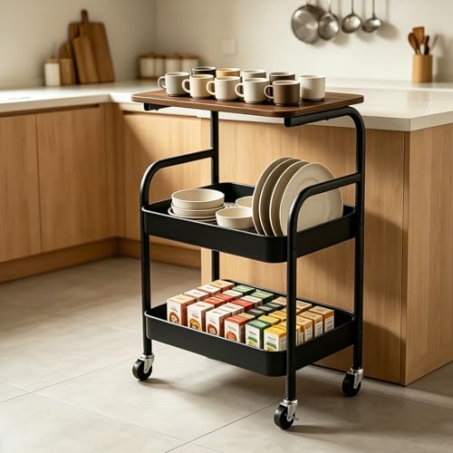 3 Tier Rolling Cart with Walnut Table Top, Sturdy Metal Storage Cart with Lockable Wheels, Multi-Purpose Mobile Shelf for Kitchen, Bedroom, Snacks, Coffee, Craft, Makeup, Garage (Black) - color: Black