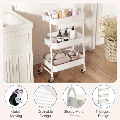 DUMOS 3 Tiers Metal Rolling Utility Cart with Lockable Wheels, Mobile Storage Organizer, Utility Shelving Unit for Kitchen, Office, Bathroom, Laundry, Narrow Places, White - color: 3 Tiers White