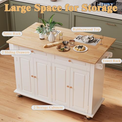 Kitchen Island with Drop Leaf, Rolling Mobile Kitchen Island on Wheels with Drawer and Storage Cabinet, Spice Rack, Towel Bar, White - size: 51.2" W, style: White