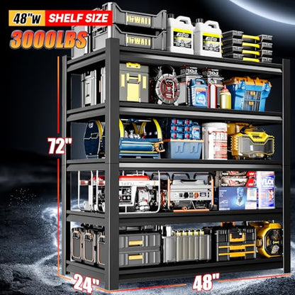 72" H Garage Shelving,5-Tier Heavy Duty Shelving Unit,3000LBS Adjustable Metal Storage Shelves,Storage Rack Units for Industrie,Shed,Warehouse,Basement,Black,47.3" W x 23.6" D x 72" H - size: 23.6"Dx47.3"Wx72"H