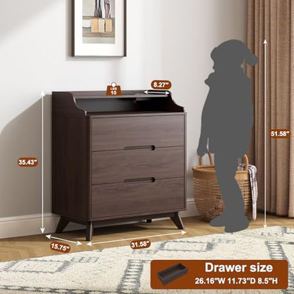 35" Large Night Stand with Charging Station, 3 Drawer Spacious Drawers | Top Open Shelves, Pre-Installed Slide, Wood Bedside Table, Modern End Table, Nightstand for Bedroom Sofa Couch,Brown - color: Brown, size: Large (3 drawer)