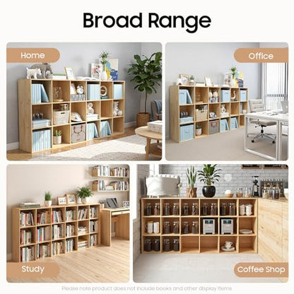 18-Cube Solid Wood Bookshelf, 3-Tier Storage Organizer Semi-Open Floor Display Shelf Closet Cabinet for Home Office Library School, 12" D x 71" W x 35" H - size: 18-Cube