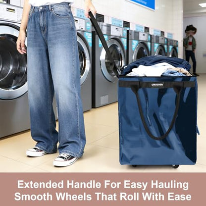 Reusable Grocery Bag Tote Bag with Wheels, Foldable Rolling Tote Bag with 3 Handles and Zipper - color: Navy Blue, size: Medium