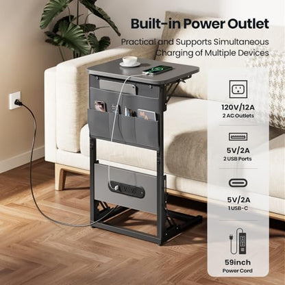 HLDIRECT C Shaped End Table with Charging Station & Storage Bag Gray | 2 USB & 2 Outlets, Storage Bag, FSC Wood, Foldable, 11.8"D x 15.7"W, for Small Spaces, Couch, Bedroom - color: Grey