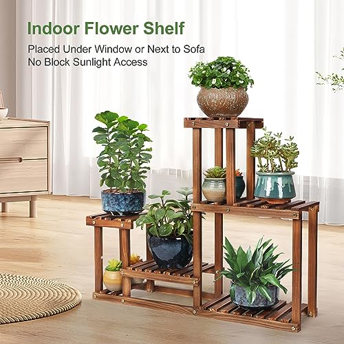 Pine Wood Plant Stand Indoor Outdoor Multi Layer Flower Shelf Rack Higher and Lower Plant Holder in Garden Balcony Patio Living Room (4 Tiers )