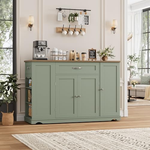 HOSTACK Kitchen Island Cart with Storage, 47'' Kitchen Storage Island on Wheels with 2 Drawers, Rolling Island Table with Adjustable Shelves, Mobile Buffet Sideboard Cabinet for Dining Room, Green - style: Green + Rustic Brown