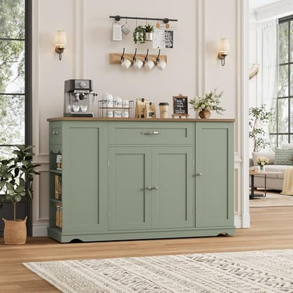 HOSTACK Kitchen Island Cart with Storage, 47'' Kitchen Storage Island on Wheels with 2 Drawers, Rolling Island Table with Adjustable Shelves, Mobile Buffet Sideboard Cabinet for Dining Room, Green - style: Green + Rustic Brown