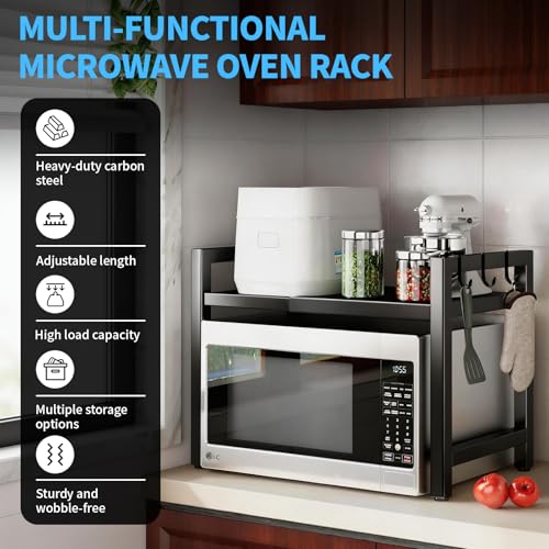 Microwave Oven Rack, 2-Tier Heavy Duty Adjustable Shelf Microwave Stand, Expandable Kitchen Countertop Shelf Organizer with 6 Hooks, 110lbs Weight Capacity for kitchen organizers and storage, Black - size: Adjustable 2 Tier