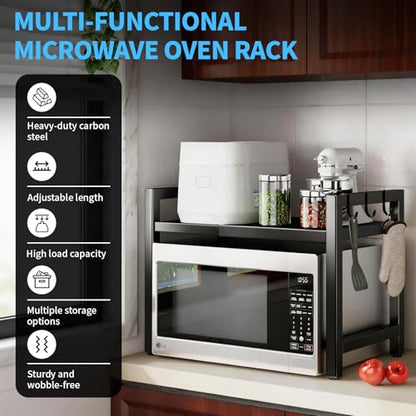 Microwave Oven Rack, 2-Tier Heavy Duty Adjustable Shelf Microwave Stand, Expandable Kitchen Countertop Shelf Organizer with 6 Hooks, 110lbs Weight Capacity for kitchen organizers and storage, Black - size: Adjustable 2 Tier