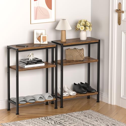 Narrow Side Table for Small Space, 3 Tier Slim End Table, Thin Nightstand, Skinny Snack Couch Table, Sofa Bedside Table in Living Room, Bedroom, Study, Kitchen and Balcony (Rustic Brown) - color: Rustic Brown, size: 3-Tier (7.9''D*17''W*26.6''H)