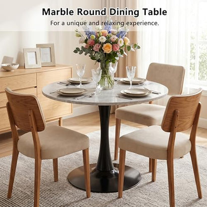 27.6" Marble Round Tulip Table, Mid-Century Modern Style Dining Table with Black Pedestal Base for 2-4 People, Featuring A Marble Tabletop for Kitchen, Dining Room, Cafe (Light Grey) - color: Light Grey#black