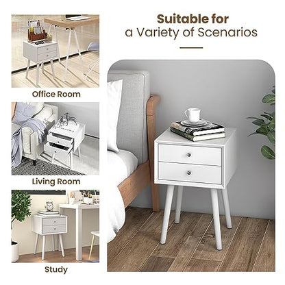 GOFLAME Nightstand with 2 Drawers, Small Wooden Side Table, Mid Century Modern Bedside Table with Storage, Compact End Table for Bedroom, Easy Assembly, White - color: White