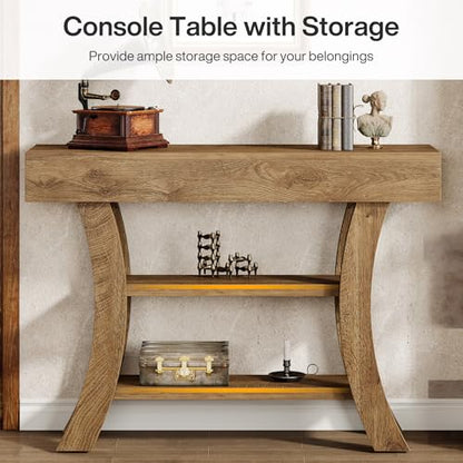 Tribesigns 41" Small Console Table for Entryway, 3-Tier Narrow Rustic Sofa Table with Storage Shelves and Curved Frame for Living Room, Entry, Hallway, Foyer (Oak Brown)