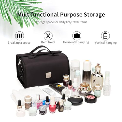 Roll Up Makeup Bag, Travel Toiletry Bag for Women with 4 Clear TSA Approved Pouches, Hanging Travel Organizer, Folding Cosmetic Bag for Men and Women - color: Black