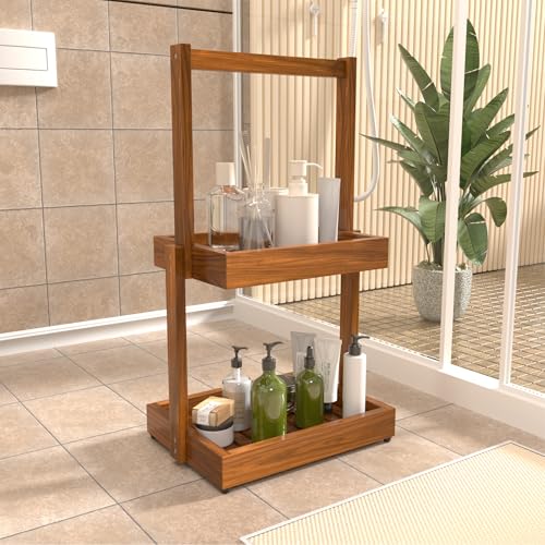 2-Tier Teak Bathroom Organizer, Shower Caddy Towel Holder | Two-Tier Teak Organizer Stores Towels, Toiletries, Toilet Paper, Fruit and Spices, with a Stable Non-slip Base. - size: 2 Tier