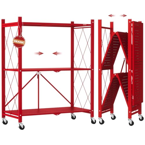 DEANIC 3 Tier Foldable Storage Shelves with Wheels, Kitchen Appliance Stand, Freestanding Metal Wire Shelf Rack, No Assembly Organizer Rolling Cart for Garage, Basement, Pantry(Red) - color: Red